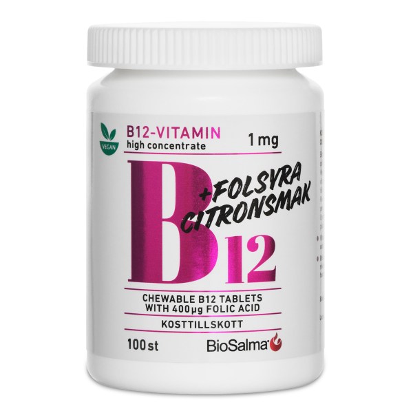 BioSalma B12-vitamin 1mg + Folsyre, 100 tabletter billede