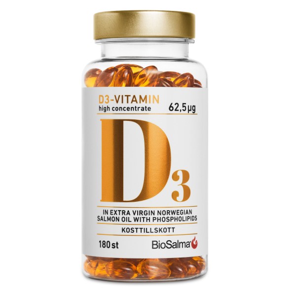 BioSalma D3-vitamin 62,5 ug High Concentrate, 180 kapsler billede