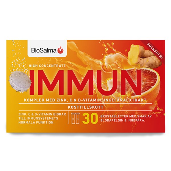 BioSalma Immun C+D-vitamin Zink, Blodappelsin & Ingefær, 30 brusetabletter billede