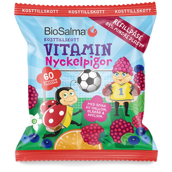 BioSalma Multivitamin Mariehøne, Hindbær/Blåbær/Appelsin, Refill - 60 Gummies billede