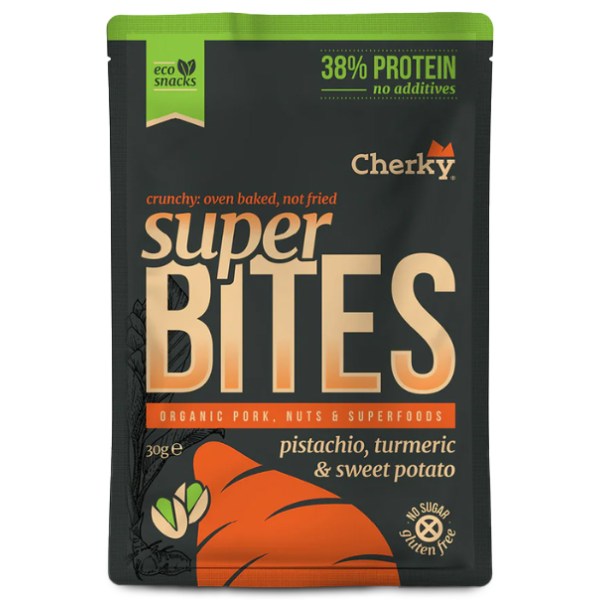 Cherky Foods Super Bites Eco, Pork, Pistachio, Tumeric & Sweet Potato, 30 g billede