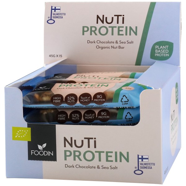 Foodin NUTI Protein Bar Organic, Dark Chocolate & Sea Salt, 15-pak