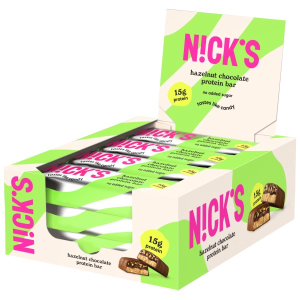 Nicks Protein Bar, Hasselnød chokolade, 12-pak