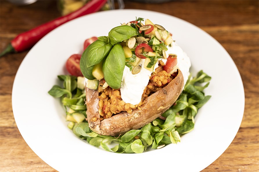 Bagte s�de kartofler med linsemos