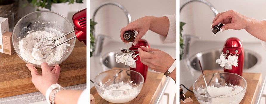 En skl body butter pisket med et elektrisk piskeris og terisk olie dryppet i. 