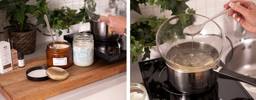 Ingredienser til body butter og sheasmr, der smelter i et vandbad. 