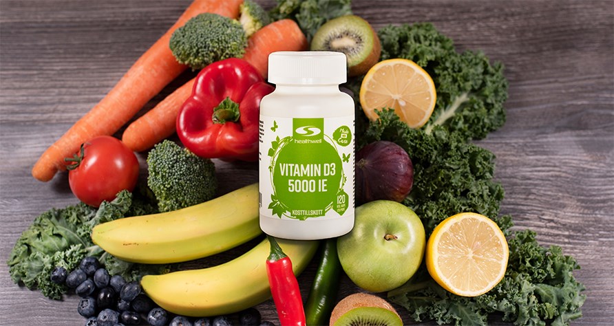 Vitamin D3 5000 IE med frugt og grntsager.