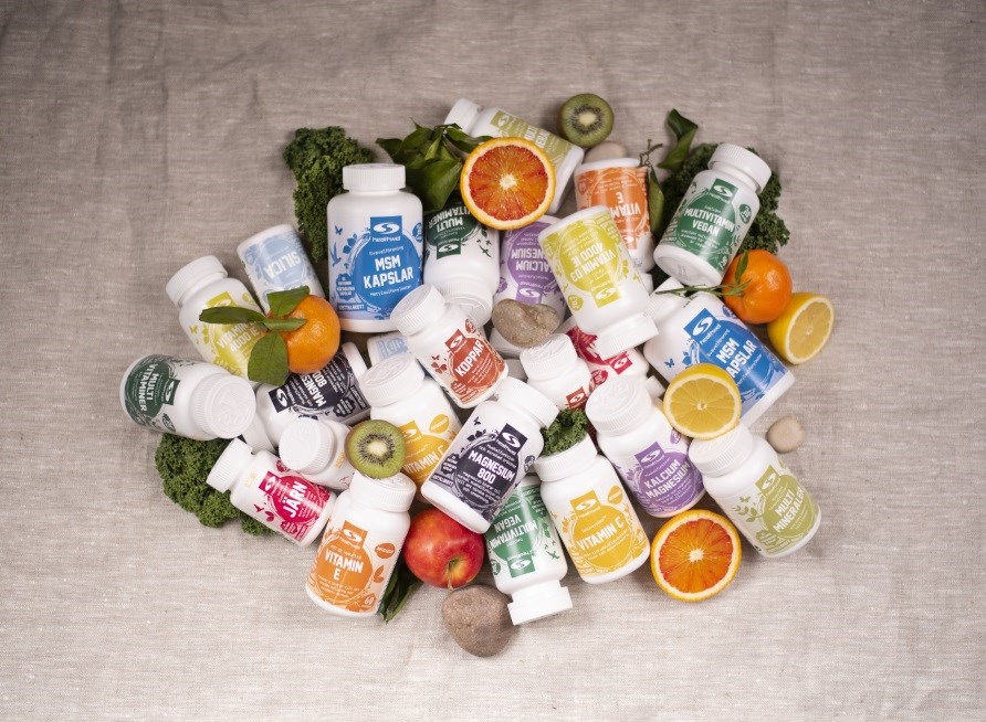 Et udvalg af kosttilskud, vitaminer og mineraler fra Healthwell.
