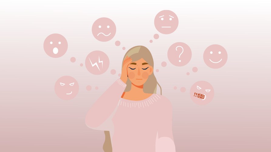 Illustration af en kvinde, der holder sig for hovedet, som også har tankebobler svævende over hende. Tankeboblerne er runde og ser ud som smileys med forskellige følelsesudtryk. Illustration af en kvinde, der holder sig for hovedet, som også har tankebobler svævende over hende. Tankeboblerne er runde og ser ud som smileys med forskellige følelsesudtryk.