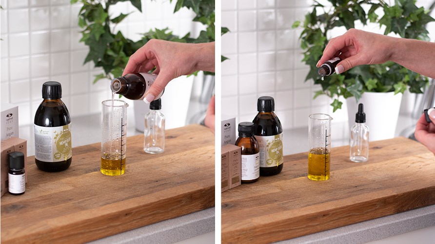 To billeder af person, der hlder olie og terisk olie i et mleglas.