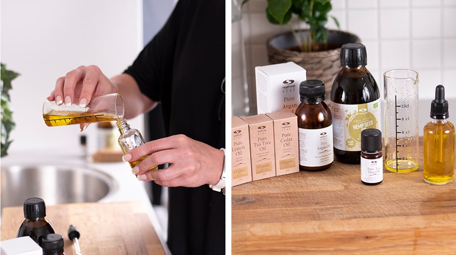 Et billede af olie i et mleglas og et billede af teriske olier og frdig skgolie.