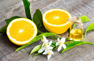 Billede af en delt citron og en flaske fyldt med terisk citronolie.